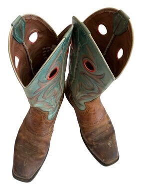 Justin Turquoise & Brown Leather Western Pull-On Cowboy Boots size 10EE, XJ1307